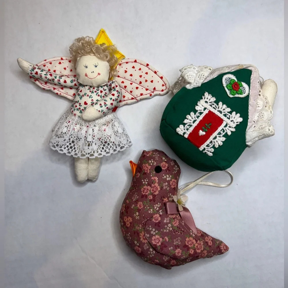 Vintage Hand-made CHRISTMAS Soft Sculpture Ornaments Lot of 3